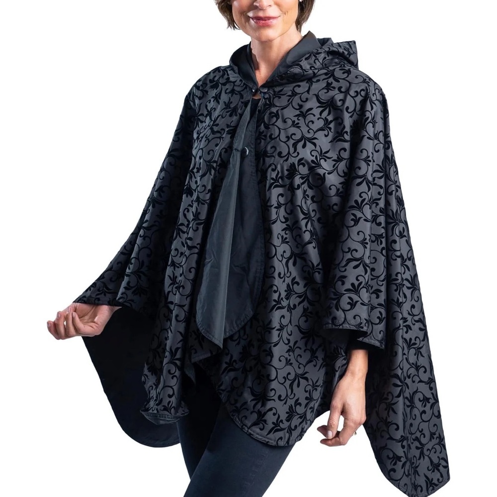 NEW Black with Velvet Swirls Reversible Hooded RainCaper poncho/rain jacket